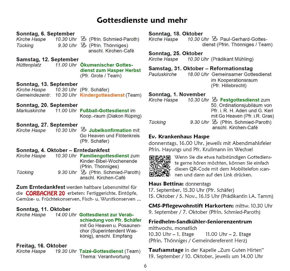 Zeitplan für Gottesdienste und Veranstaltungen.