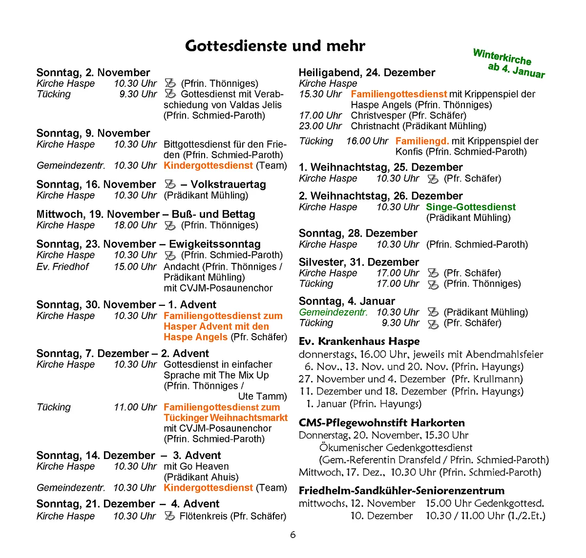 Zeitplan für Gottesdienste und Veranstaltungen.