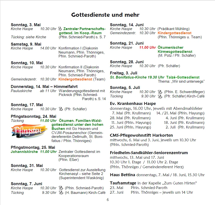Zeitplan für Gottesdienste und Veranstaltungen.