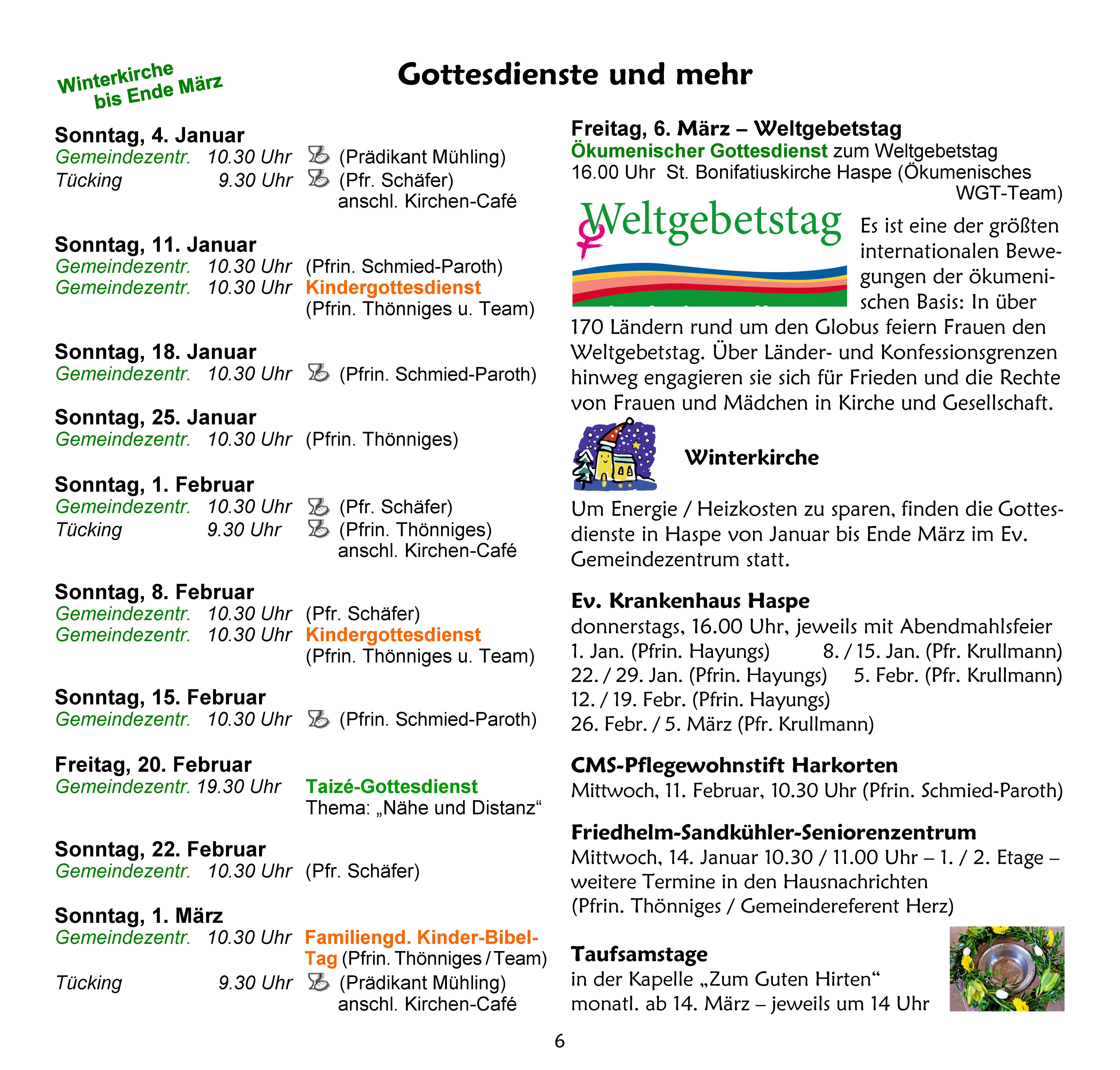 Zeitplan für Gottesdienste und Veranstaltungen.