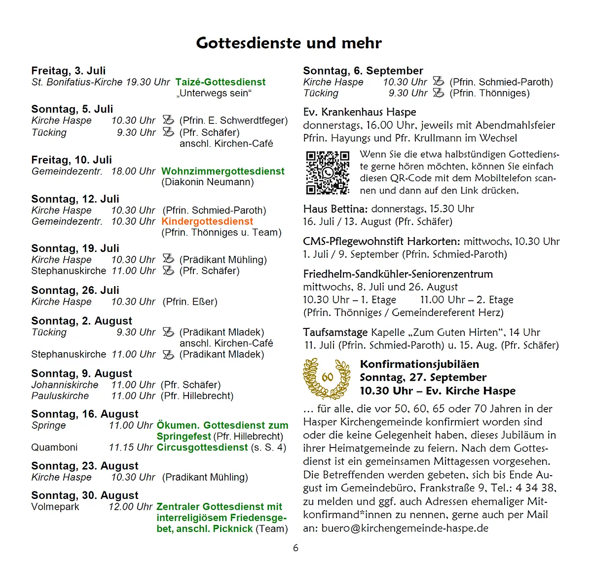 Zeitplan für Gottesdienste und Veranstaltungen.