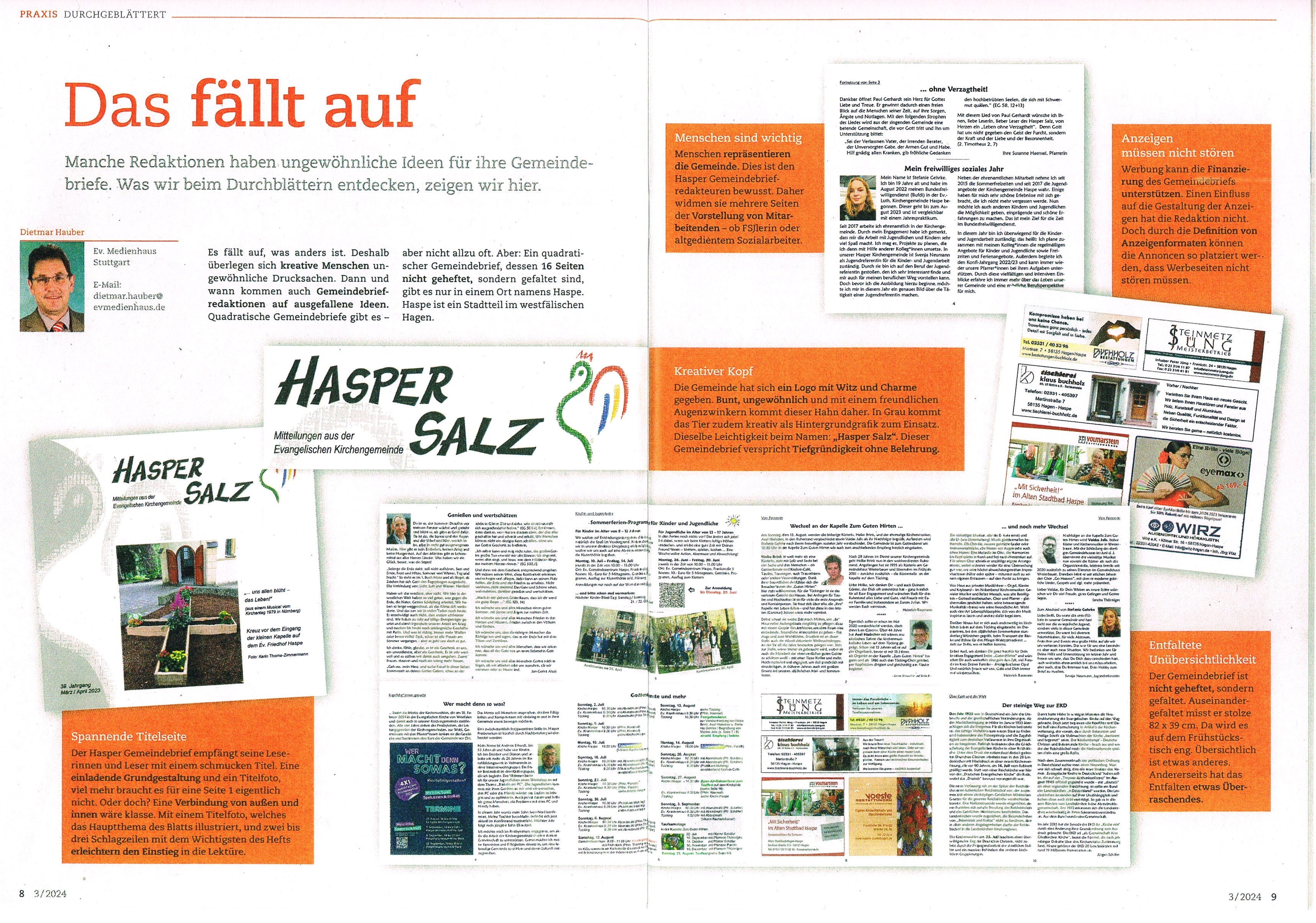 Magazin-Doppelseite über Gemeindebriefe, mit Hasper Salz.