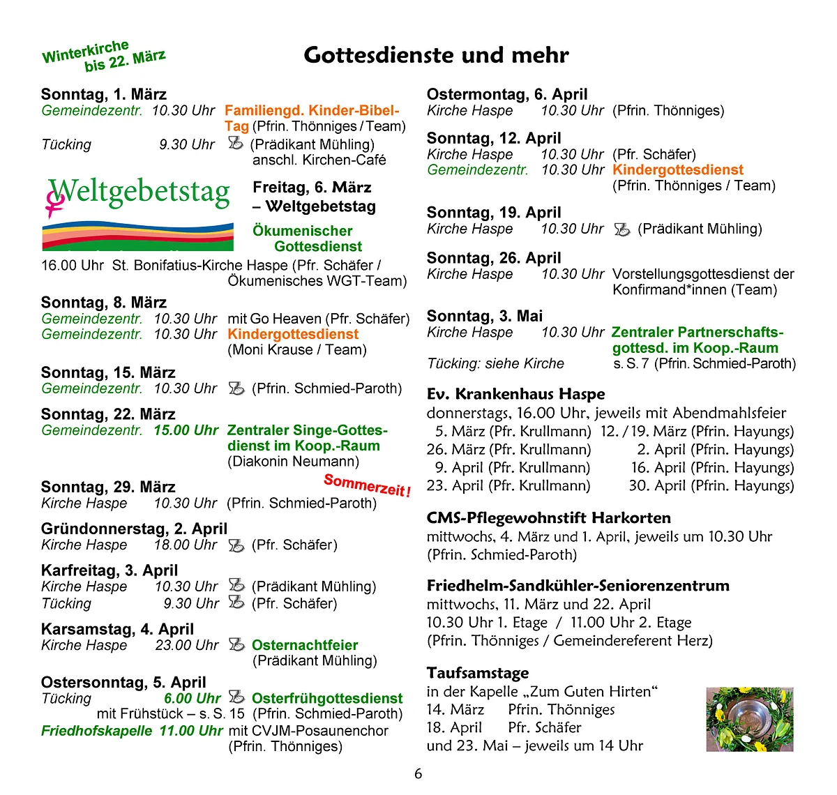 Zeitplan für Gottesdienste und Veranstaltungen.
