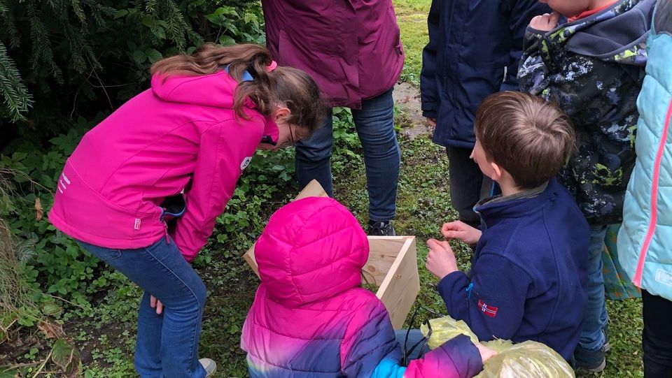 Kinder bauen ein Insektenhotel im Garten der Kirchengemeinde.