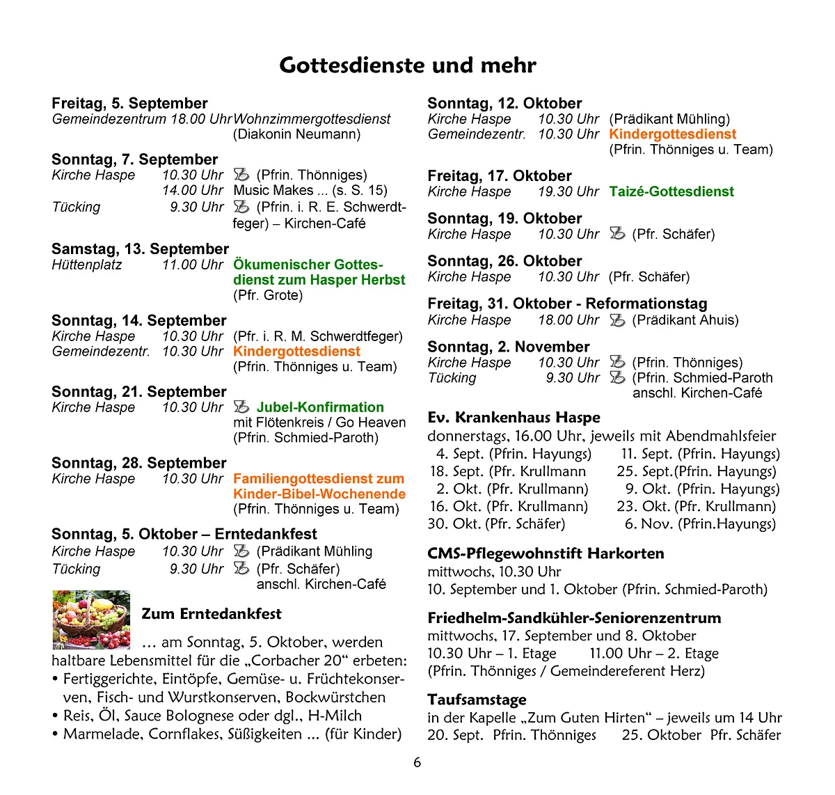 Zeitplan für Gottesdienste und Veranstaltungen.
